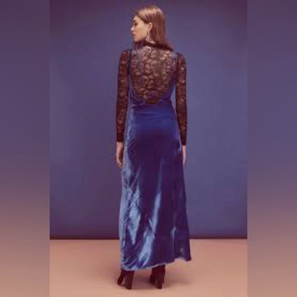 For Love & Lemons Nadine Cobalt Blue Velvet Maxi Dress M Plunging Slit - Picture 6 of 8